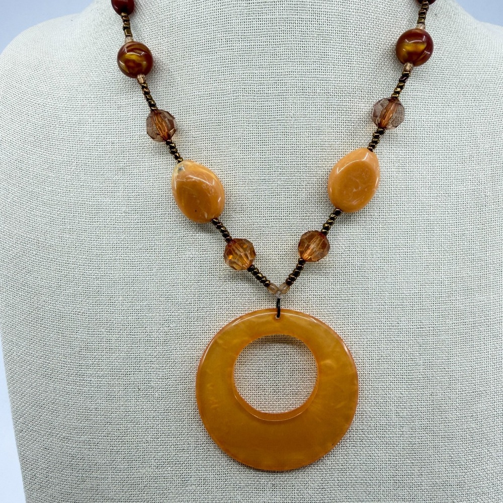 Statement Orange Resin Circle Necklace Boho Chic Gold Tone Beaded Pendant Gift